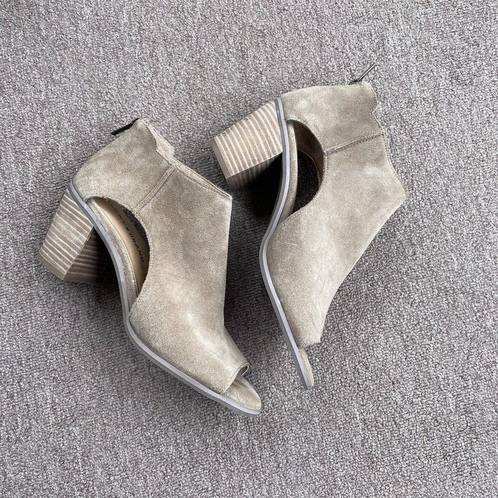 Lucky brand tan suede open toe heeled booties size 8